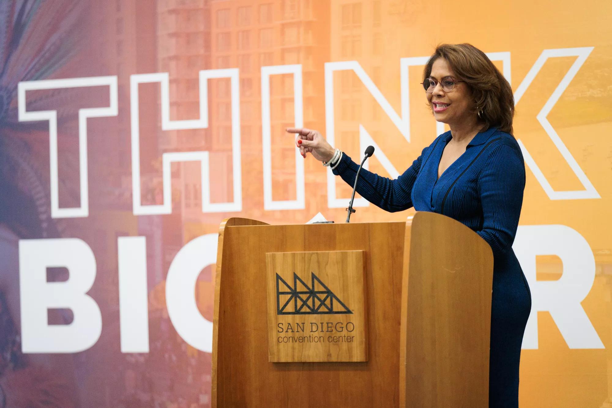 The Visit California activation at PCMA in San Diego, California on January 9, 2024: Julie Coker speaking on the CL24 PCMA stage