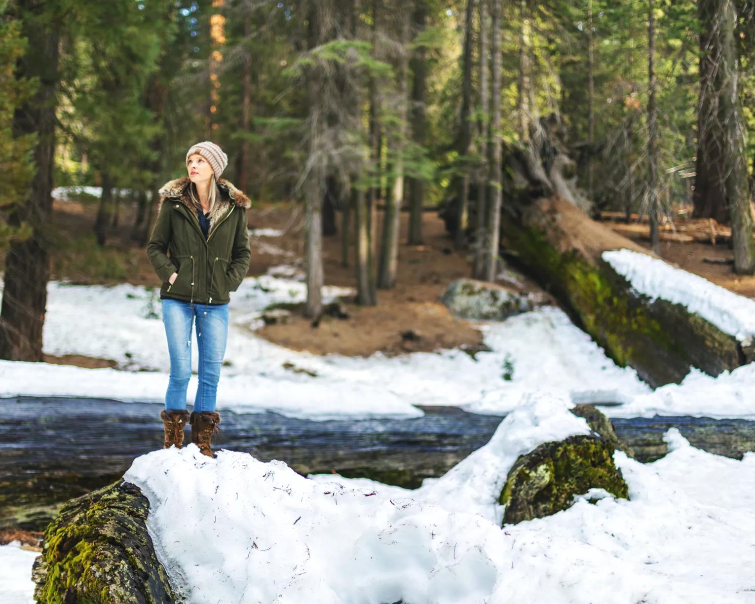 Outdoors in February California Winter Snow Activities Couple Hiking in Sequoia National Park  Redwood Forest (Shot with Canon 5DS 50.6mp photos professionally retouched - Lightroom / Photoshop - original size 5792 x 8688 downsampled as needed for clarity and select focus used for dramatic effect)