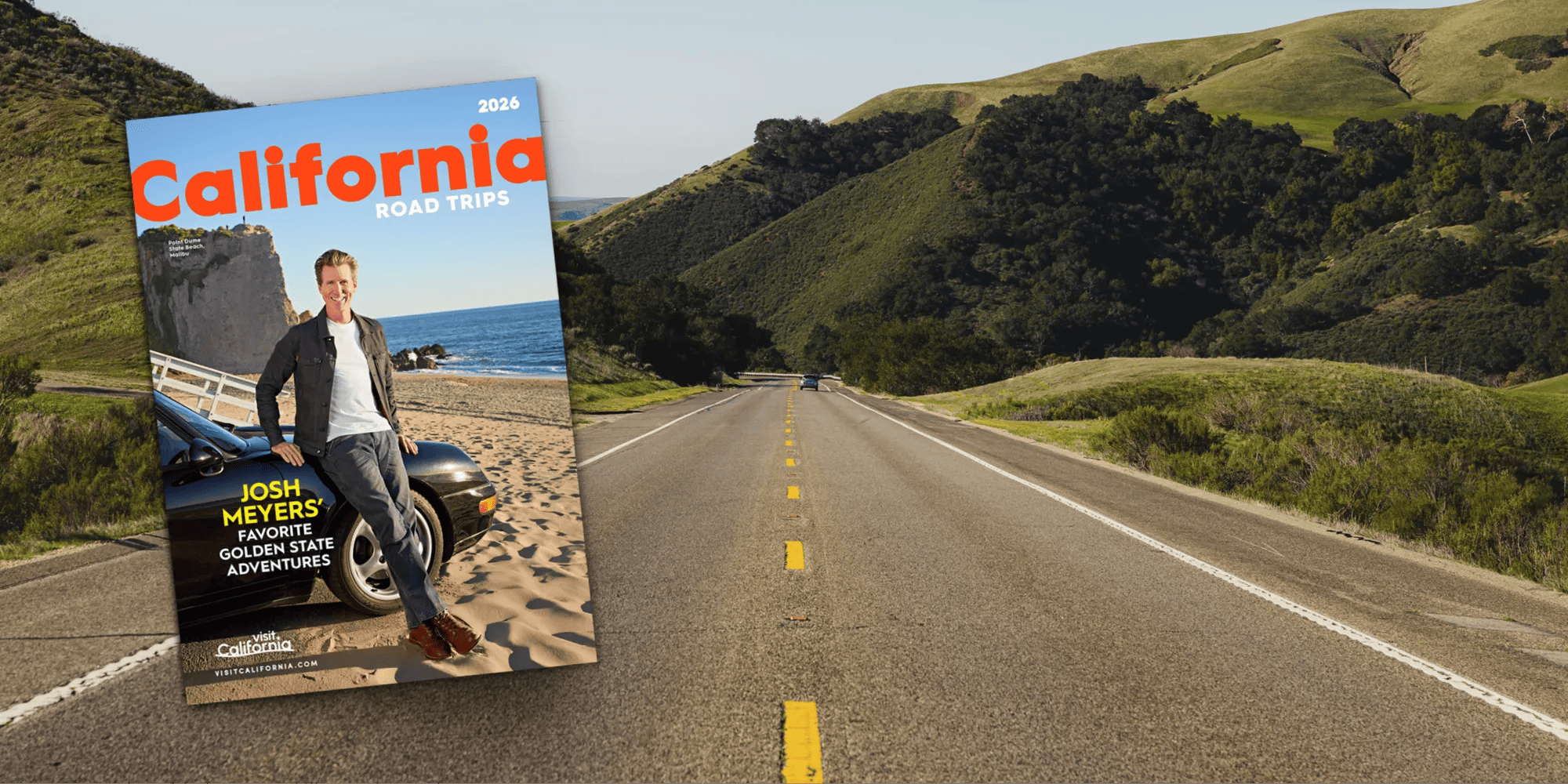 Publication cover mockup with background for Visit California's FY 26/27 printed California Road Trips.