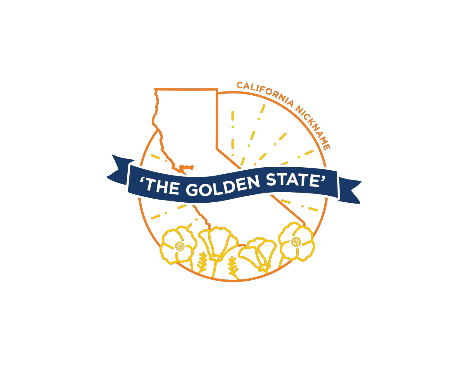 This custom icon set incorporates Visit California's primary brand colors to represent official state symbols, such as the flag, state animal and state motto.