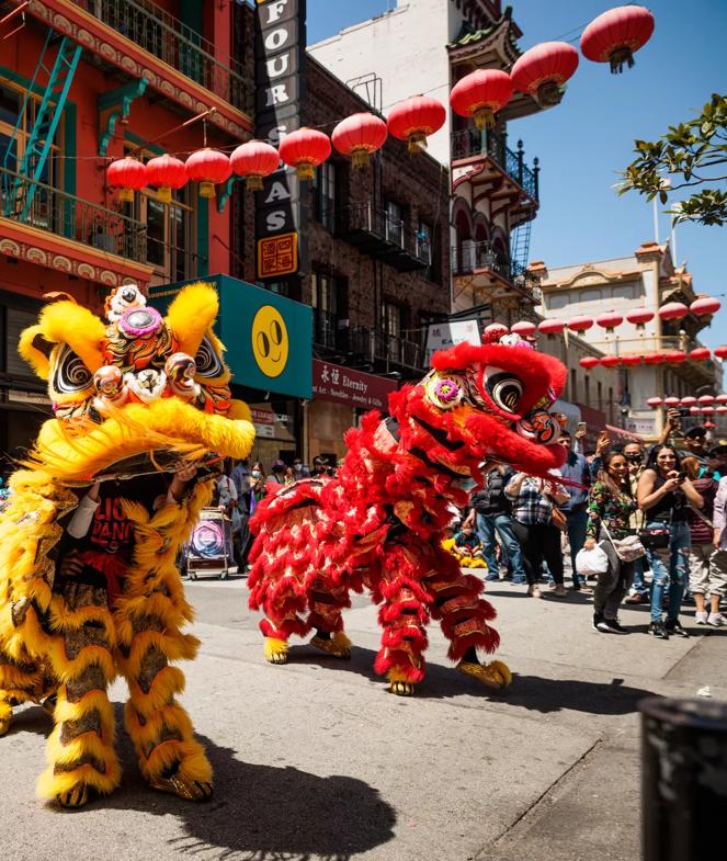 Lion dance in San Francisco, California's Chinatown on May 1, 2022.