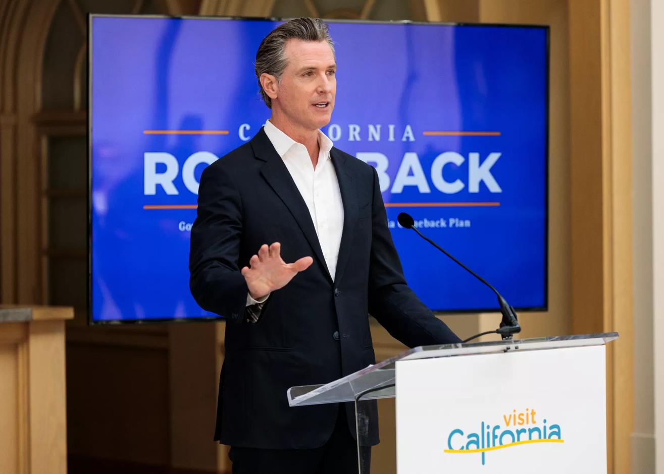 Governor Gavin Newsom speaks about his proposed California Comeback Plan investments to jump-start the state’s travel economy as it fully reopens during a press conference at the Port of San Francisco on June 14, 2021.